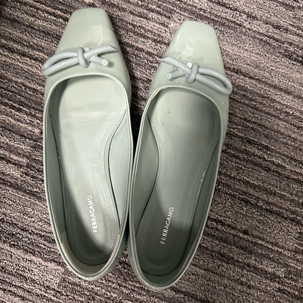 Salvatore Ferragamo Pale Mint Patent Leather Bow Flats